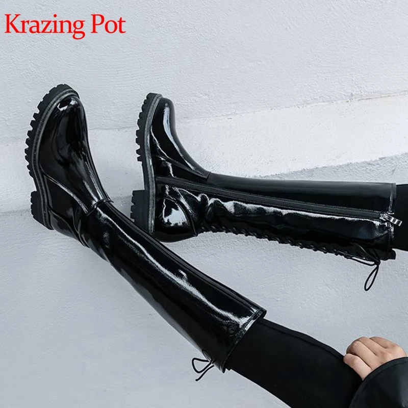 

Krazing pot genuine leather round toe med heel cross-tied decoration movie star original design keep warm knee-high boots L03