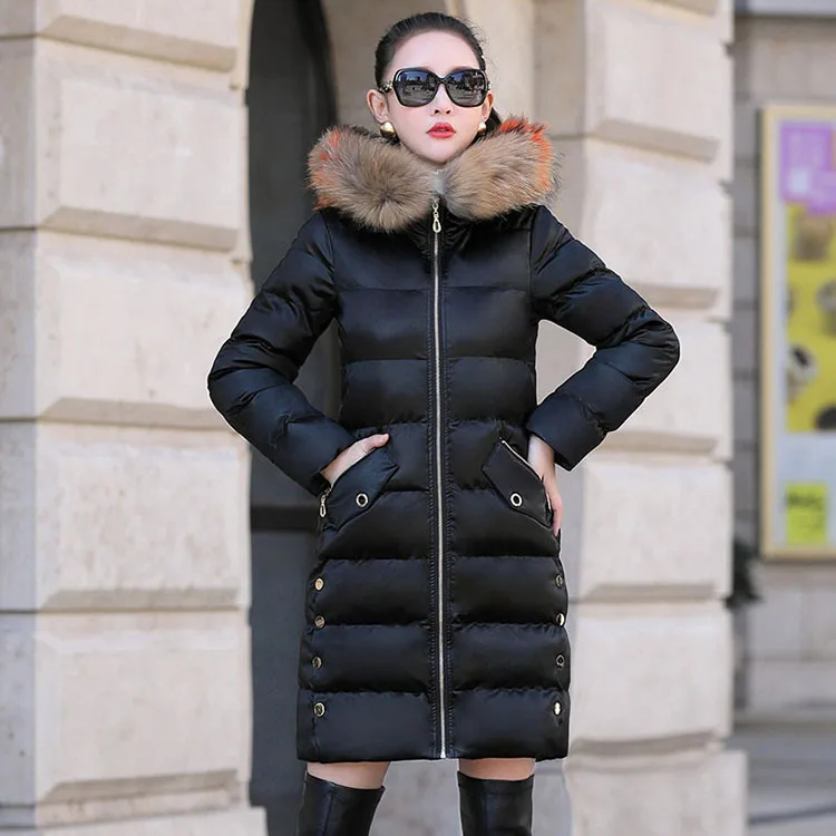 

PU Leather Fox Fur Collar Cotton-padded Clothes Women's Mid-length 2018 New Style Korean-style Hooded Cotton Coat Winter Thick C