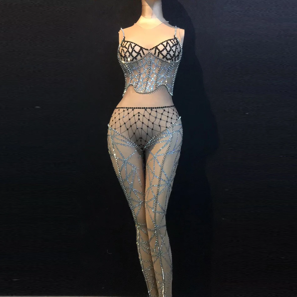 New Women Sexy Rhinestone Bodycon Sleeveless NightClub Hot Outfit Evening Jumpsuit Ladies Dance Party Show Romper