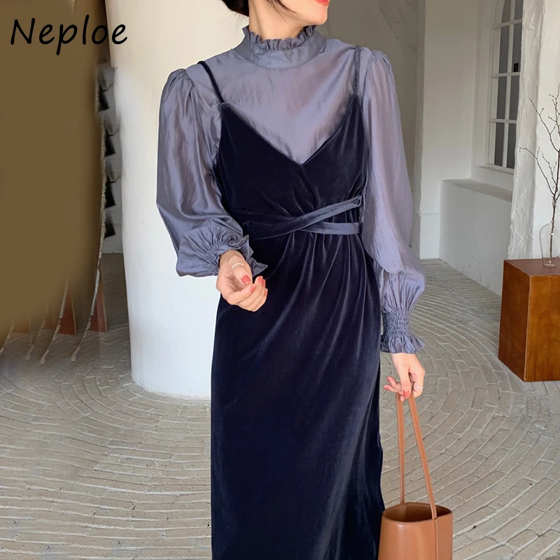 Neploe Chic Fake Two Piece Velvet Dresses Women Autumn Stand Collar Panelled Patchwork Vestidos Lace Up Flare Sleeve Dress | Женская