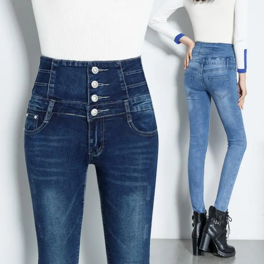 

High Waist Button Jeans Women Blue Pencil Pants Fashion Plus Size Elastic Jeans Trousers Winter Warm Plus Velvet Pants