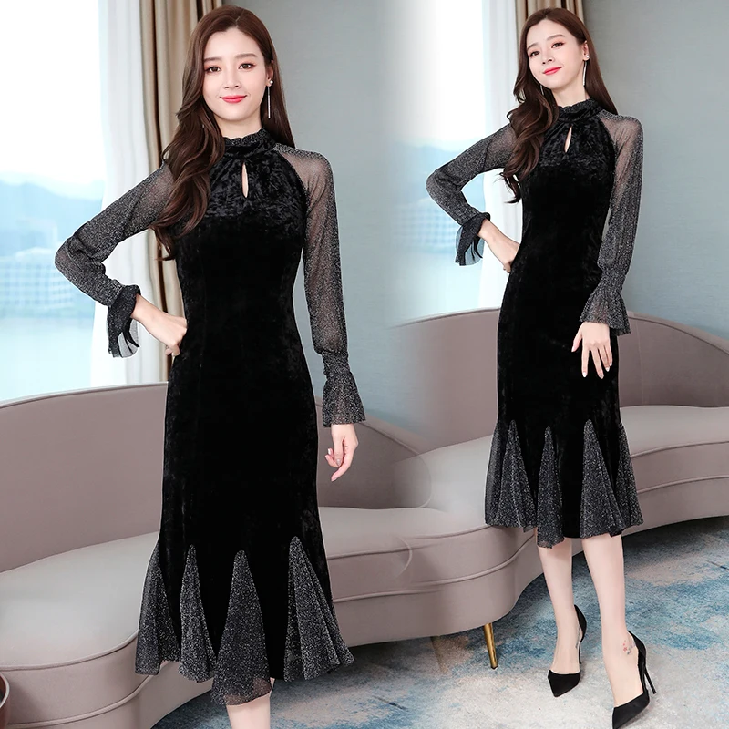 

Women 2020 Velvet Spring Elegant Mesh Bodycon Party Dress Sexy Long Sleeve Vestidos De Festa KJ5190