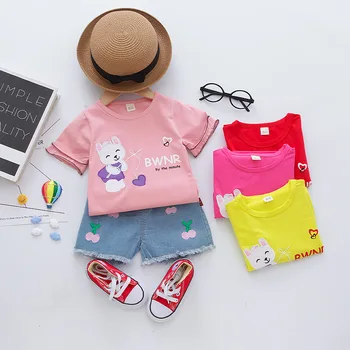 

Baby infant suit Cartoon Toddler girls Summer Set Cartoon Cat T Shirt Short Jeans Children Clothing girls Suit Baby Tracksuit