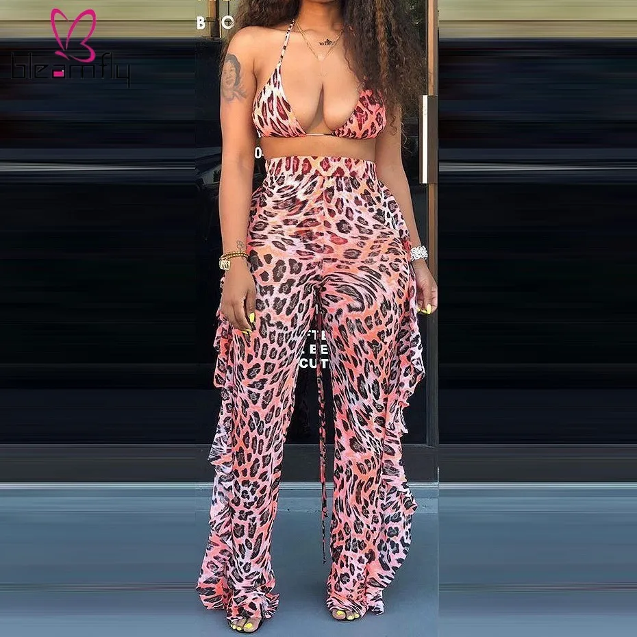 

Summer Women Party Club Night Outfits Leopard Cascading Ruffle Sexy Two Piece Pant Set Halter Bikini Mesh Pants With Thong Sets