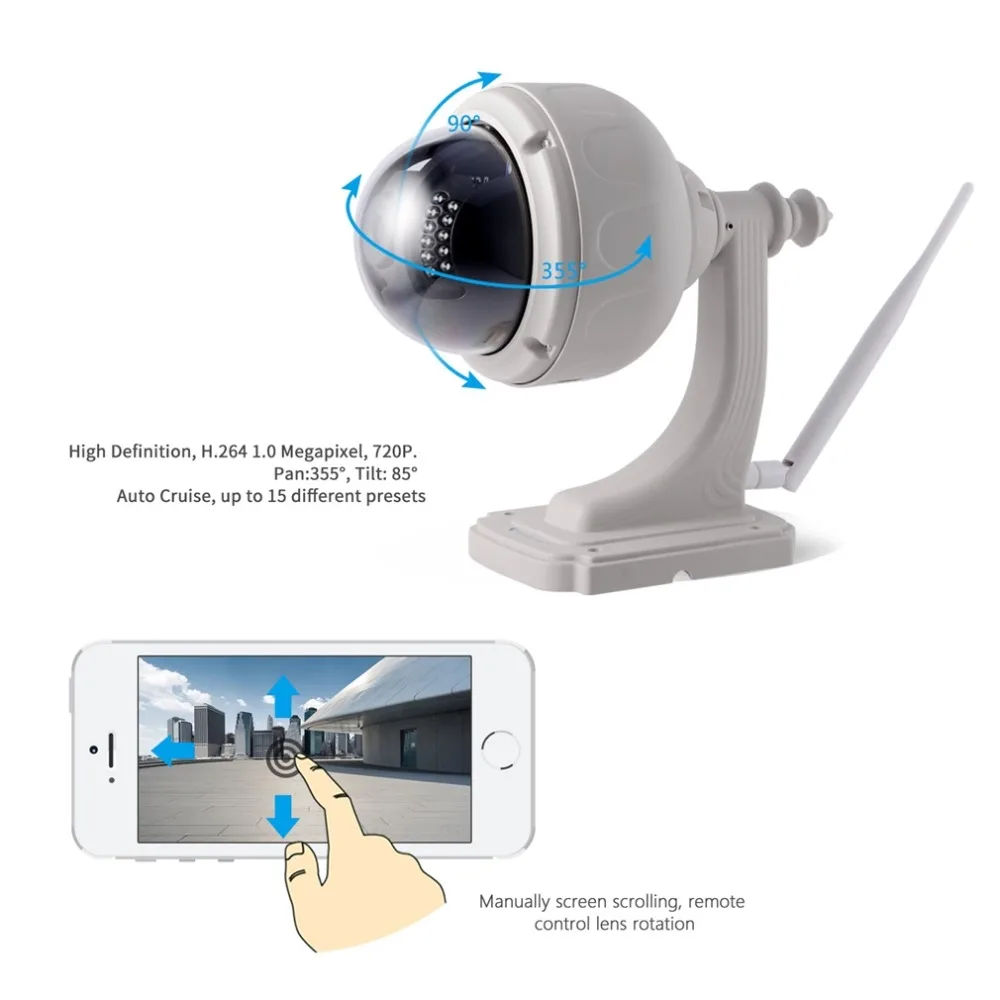 WiFi 1MP HD 720P прочная IP камера P2P Plug and Play открытый купол PTZ беспроводная камера безопасности с панорамированием/наклоном IR Cut