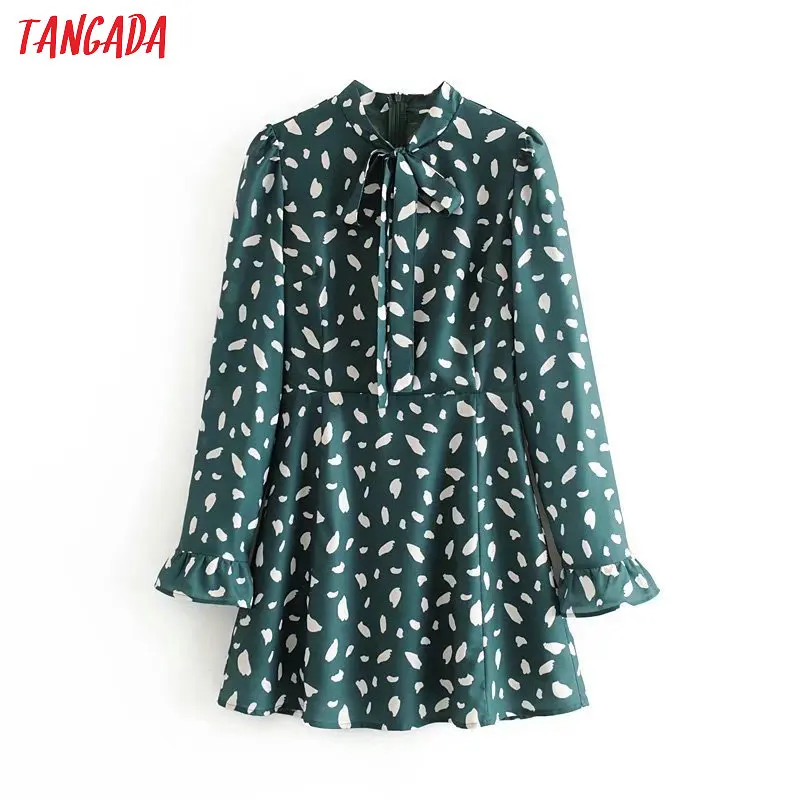 

Tangada spring women green print dress sweet bow neck collar ruffles Long Sleeve zipper Ladies a line mini Dress Vestidos 3D12