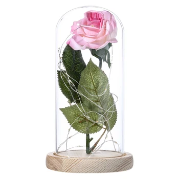 

1PC Rose And 20 LED String Light In Glass Dome On Wood Base Home Decor Mother'S Day Gift Great Decor On Your Worktop