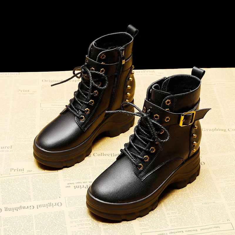 black thin Cevable/Женская обувь г. Увеличивающие рост полусапожки универсальные толстая подошва с наклоном каблуком Ботинки martin высокий каблук LZF - Цвет: black thin