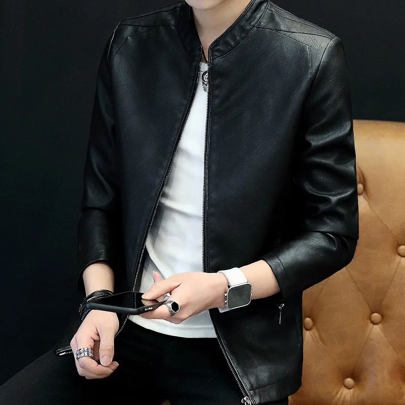 

2019 New Style Men Autumn Coat Youth plus Velvet Leather Jacket Korean-style Slim Fit Men'S Wear Autumn And Winter Thick Leather