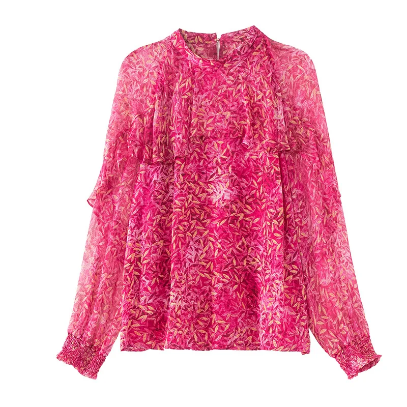 

High-end Spring And Summer Chinese Style 100% Silk Blouse Shirt Retro Women Print Floral Lotus Leaf Lady Shirt Top S-XL