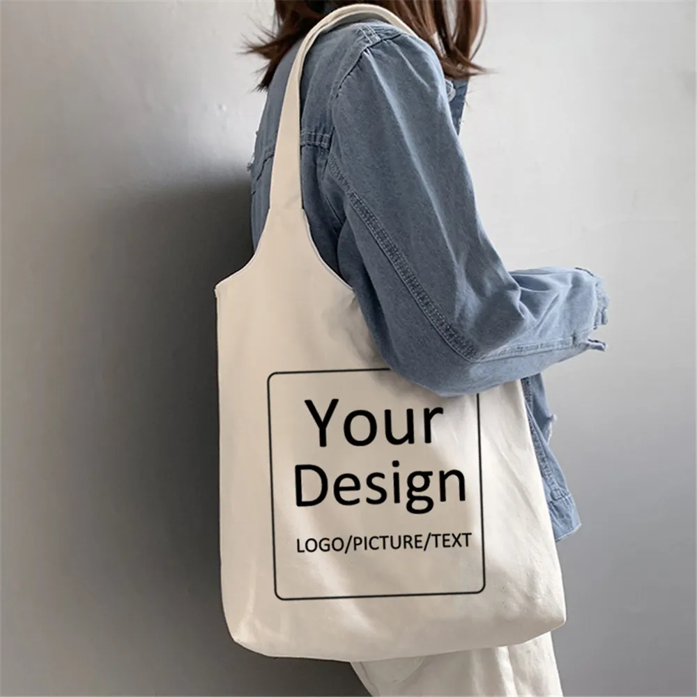 

Customed Tote Bag Shopping Design Your Own Text Printed Original White Hasp Unisex Travel Canvas s Students Book Bolsos Reusable