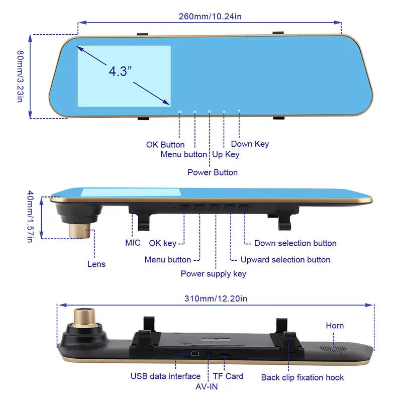 1080P-FHD-Car-Dvr-Blue-Rearview-Mirror-Dual-Lens-Car-Camera-two-cameras-Loop-record-Recorder