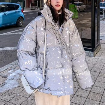 

Fashion New Winter Jacket Women Fluorescent Letters Parka Women Jacket Coat Thicke Down Outerwear BF Cotton Padded Female Jacket