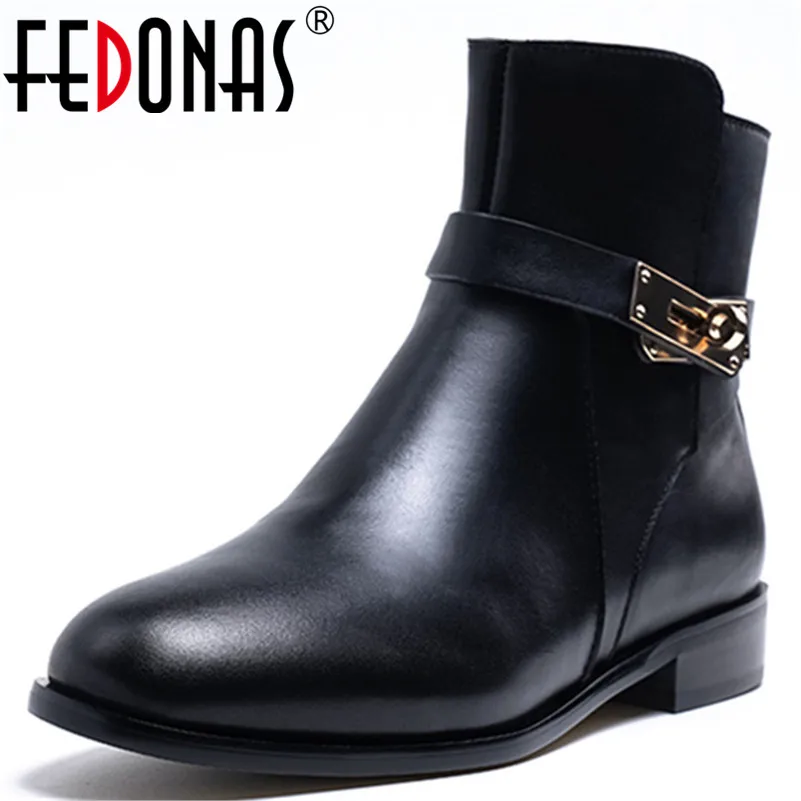 

FEDONAS New Round Toe Women Amkle Boots Quality Genuine Leather Short Boots Winter Warm High Heels Party Office Shoes Woman