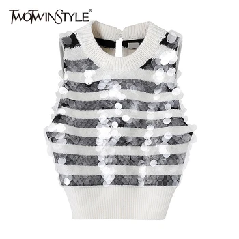 

TWOTWINSTYLE Vintage Striped Knitted Vest For Women O Neck Sleeveless Short Slim Tops Female 2020 Summer Fashion New Clothing