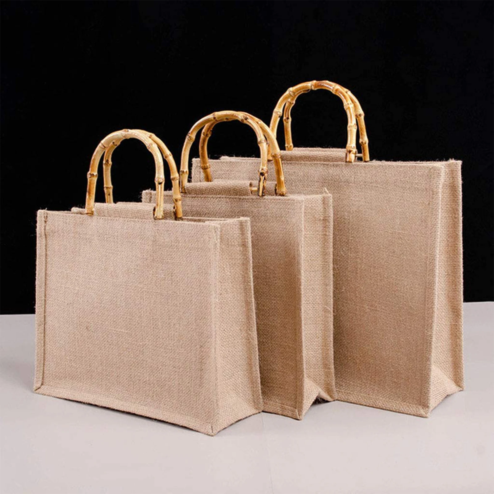 Portable Burlap Jute Shopping Bag Handbag Bamboo Loop Handles Reusable Tote Grocery Bags for Women Girls Eco Friendly |