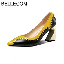 BELLECOM/Женская обувь из натуральной кожи; женская обувь на плоской подошве; грубые тонкие туфли на высоком каблуке с закрытым носком; zapatos de mujer