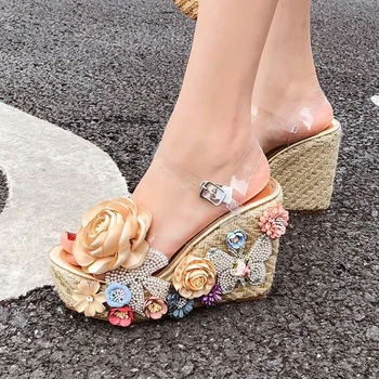 

Womens Open Toe 3D Flowers Clear Transparent PVC Platform Bowtie Pearls Wedge Super High Heel Sandals Shoes Summer New X03