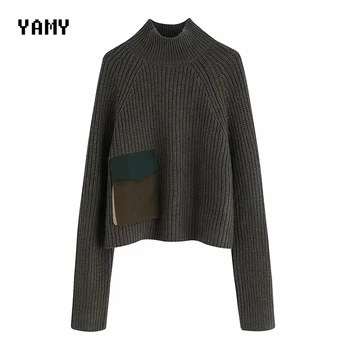 

New arrival Womens turtleneeck green Sweater pocket patchwork vintage Winter Sweaters zora vicky chic Jumper Knitted Pullover