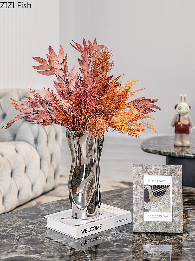 Ceramic Vase Silver Flower Vase Mirror Surface Warped Abstract Flower Arrangement Ceramic Bottle Home Decoration Ornaments 2