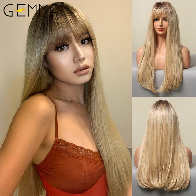 GEMMA Red Brown Copper Ginger Long Straight Synthetic Wigs for Women Natural Wave Wigs with Bangs Heat Resistant Cosplay Hair LC021-1