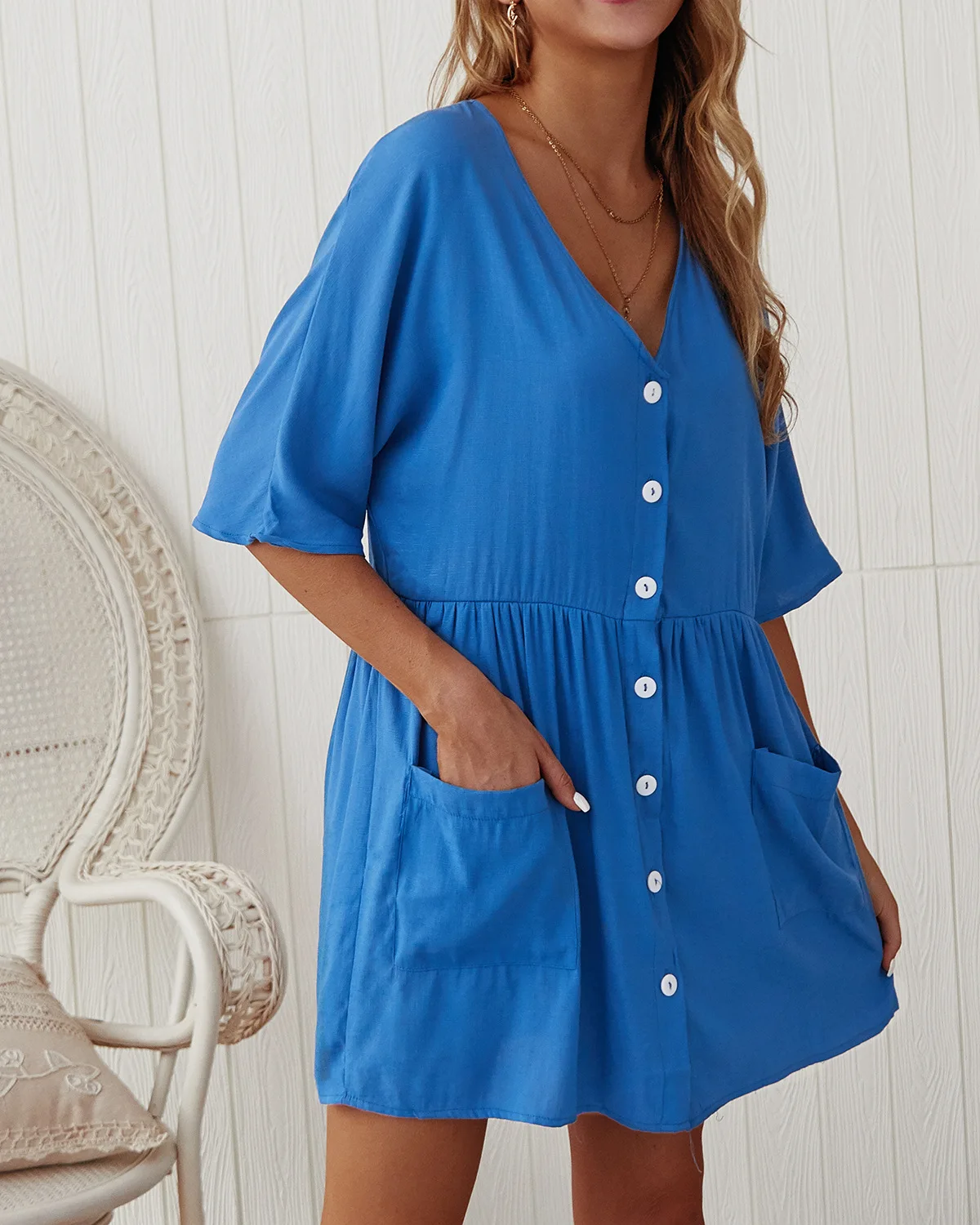 

! WOMEN'S Dress Spring And Summer New Style V-neck Pocket Short Dress Support outside China