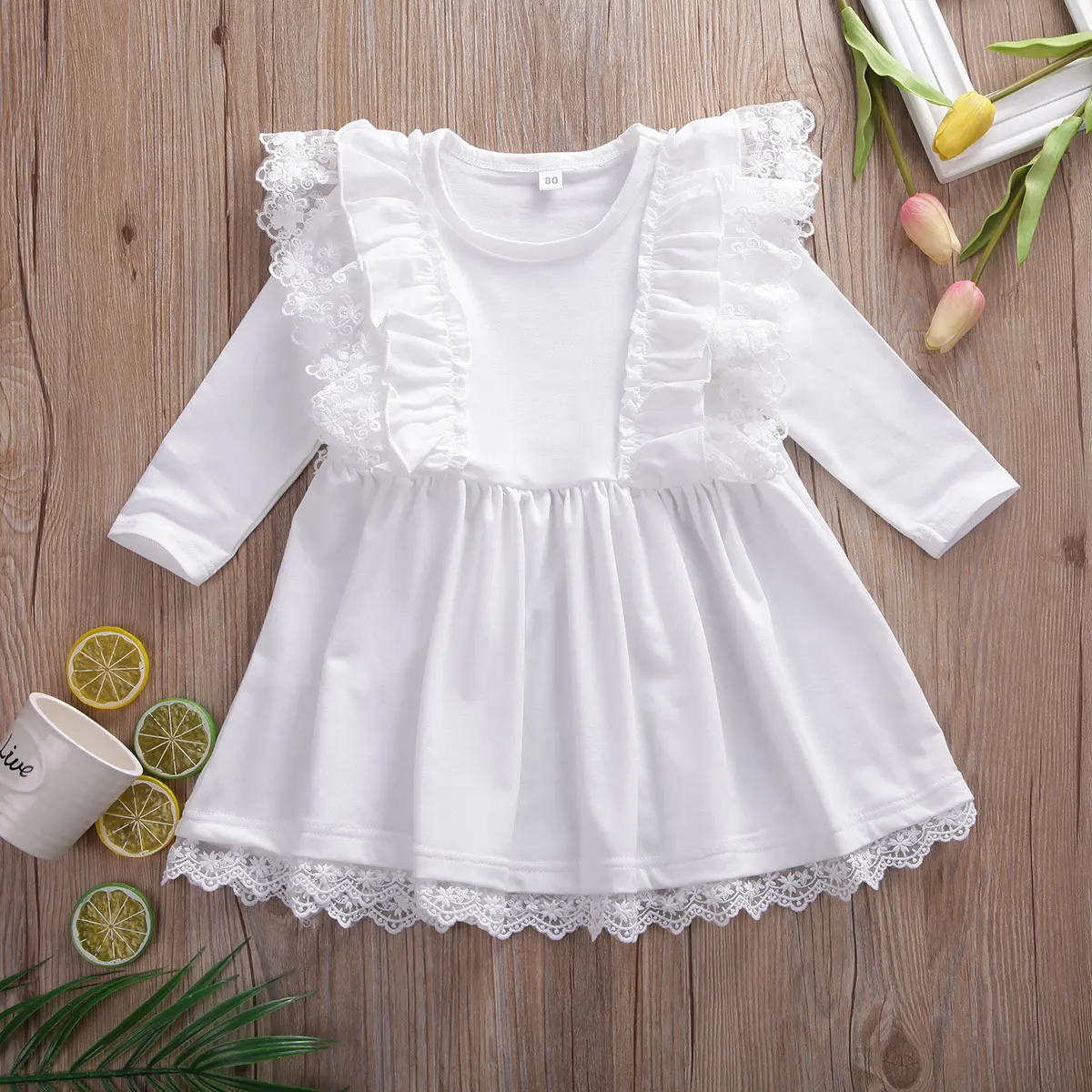 Pudcoco/Одежда для маленьких девочек; однотонное кружевное платье с оборками и длинными рукавами; вечерние платья принцессы для торжеств