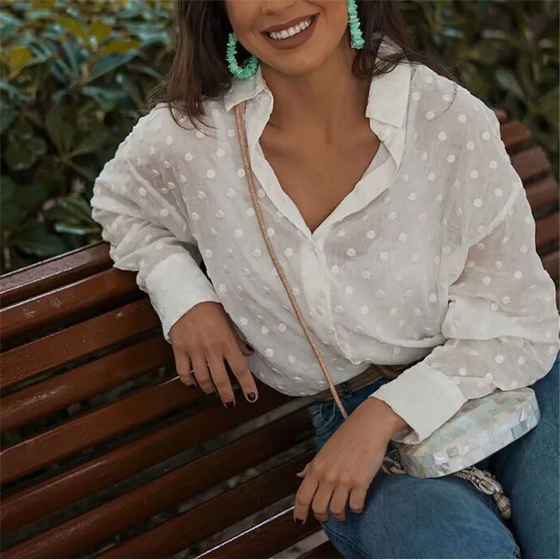 Fashion Womens Tops and Blouses Elegant Long Sleeve White OL Shirt Ladies Polka Dot chemise femme blusa feminina Streetwear
