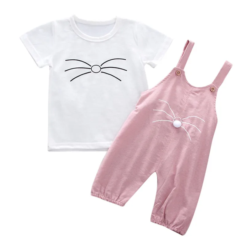 Pink A Cutev/Одежда для маленьких девочек; Милая футболка с рисунком; комбинезон; штаны на подтяжках; комплект одежды - Цвет: Pink A