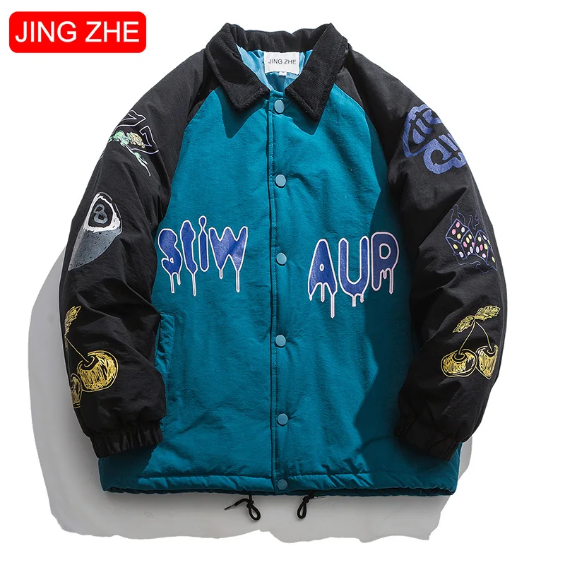 

JING ZHE 2020 Winter Men's Jacket Women Jackets Patchwork Cotton Coat Male Thick Outwear Warm Graffiti Print Parka Cozy Outcoat