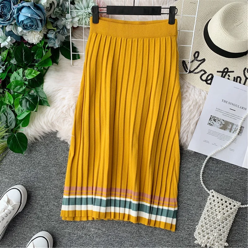 Осенняя и зимняя Женская Полосатая плиссированная трикотажная Юбка До Колена, Женская высокая эластичная тонкая прямая юбка с разрезом