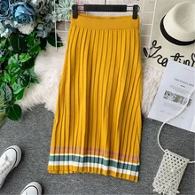 Осенняя и зимняя Женская Полосатая плиссированная трикотажная Юбка До Колена, Женская высокая эластичная тонкая прямая юбка с разрезом