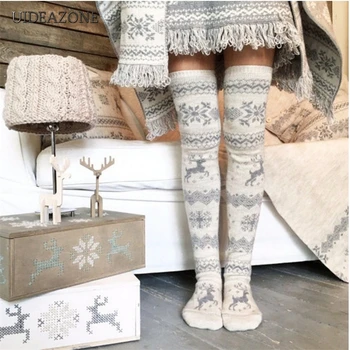 

UIDEAZONE Xmas Deer Snowflake Women Stockings Free Size Warm Winter over Knee Ladies Stocking 2019 Christmas