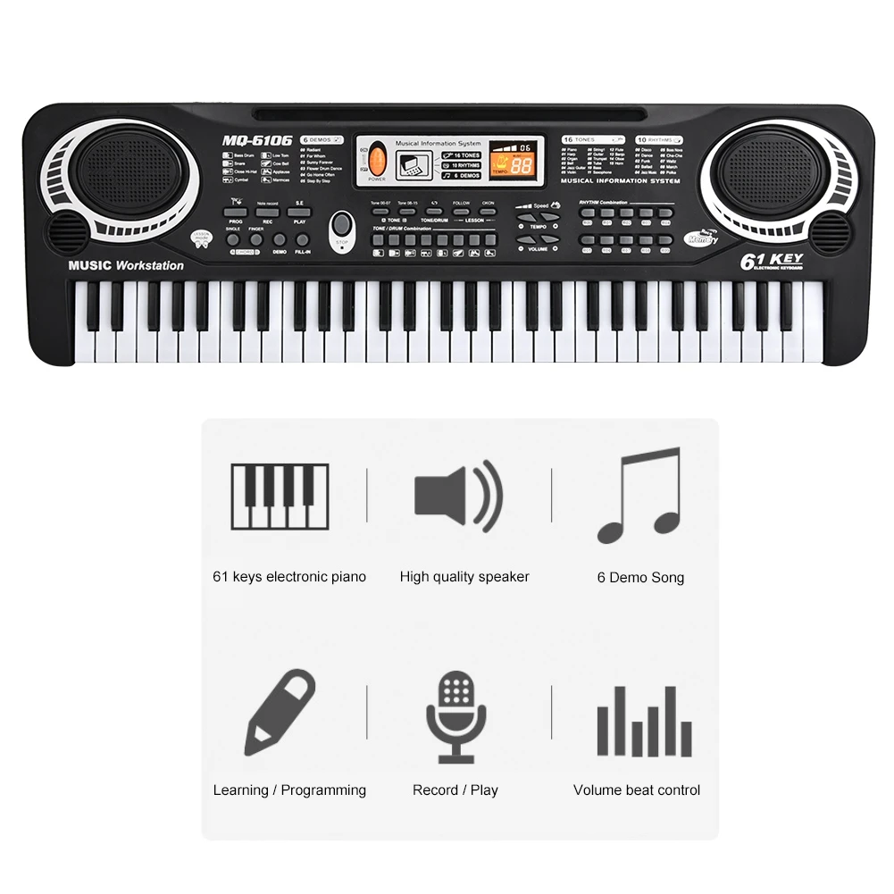 Puseky 61 Keys Digital Music Electronic Keyboard Key Board Electric Piano Children Gift With Microphone Musical Instrument