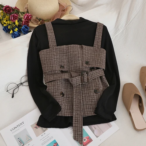 khaki Neploe, Осенние новые женские костюмы, двубортные, повязки, в клетку, в полоску, короткие, слинг, жилет+ одноцветная, тонкая нижняя рубашка, элегантные комплекты 55758 - Цвет: khaki