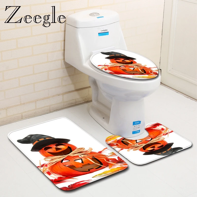 Zeegle Bathroom Decoration Mat Halloween Toilet Mat Set Soft Microfiber Mat Anti-slip Lid Toilet Cover Modern Bath Floor Mat