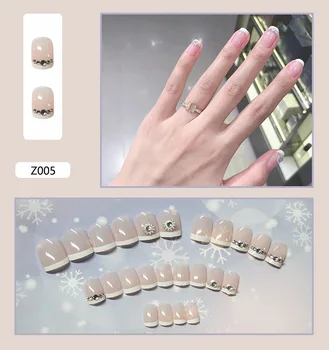 

Beautiful Woman Fake Nail with Glue 24pcs/Set Shiny Clear Pink Short Artificial Nails Rhinestone Crystal Decor False Finger Nail