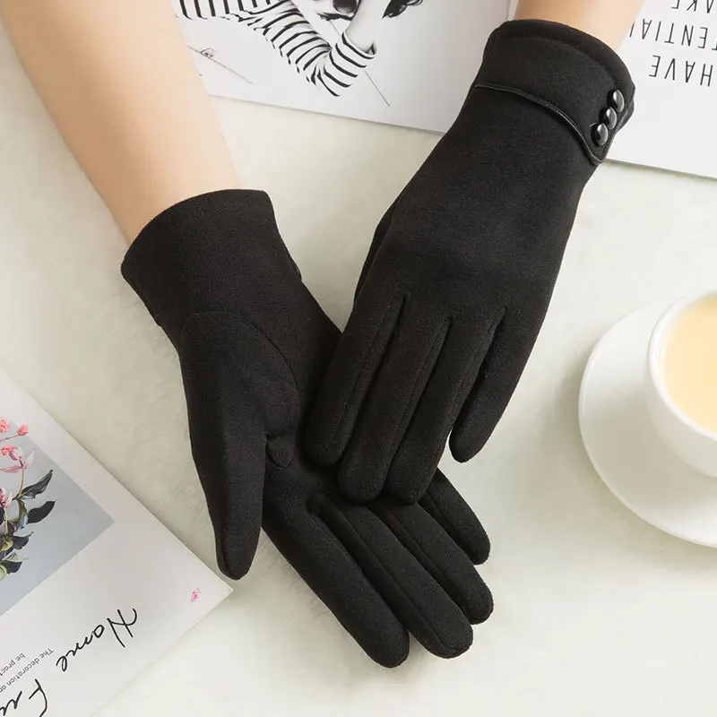 Осенне-зимние Бархатные перчатки с кнопками плюс бархатные утепленные для верховой езды с сенсорным экраном Женские варежки сохраняющие тепло перчатки аксессуары kh - Цвет: Черный