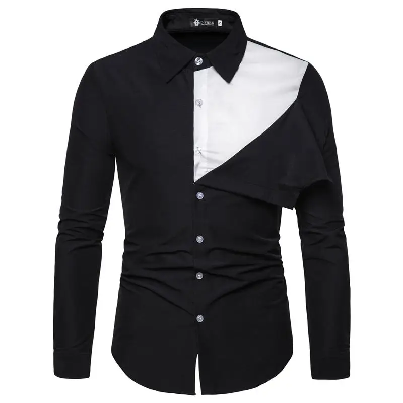 Цветная Мужская рубашка с длинным рукавом, корейский стиль, мужские рубашки с длинным рукавом для мужчин, однобортная Мужская рубашка, офисная одежда - Цвет: Black Tuxedo Shirt