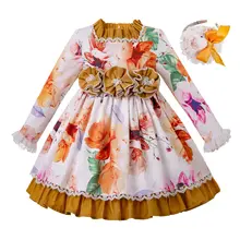 Pettigirl/Новые осенние платья для девочек с объемным оранжевым цветочным принтом; платье для дня рождения с головной повязкой; Брендовая детская одежда; изысканные наряды