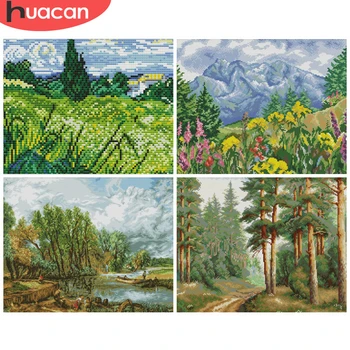 

HUACAN Embroidery Forest Sets White Canvas Needlework Cross Stitch Landscape Kits 11CT 14CT DIY Gift Home Decoration