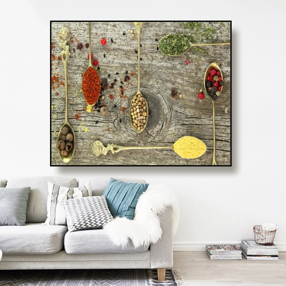 Canvas Painting Seasoning in spoon Wood grain background Art Poster Picture Wall Decor Home Decoration For Living room Kitchen Canvas Painting Seasoning in spoon Wood grain background Art Poster Picture Wall Decor Home Decoration For Living room Kitchen