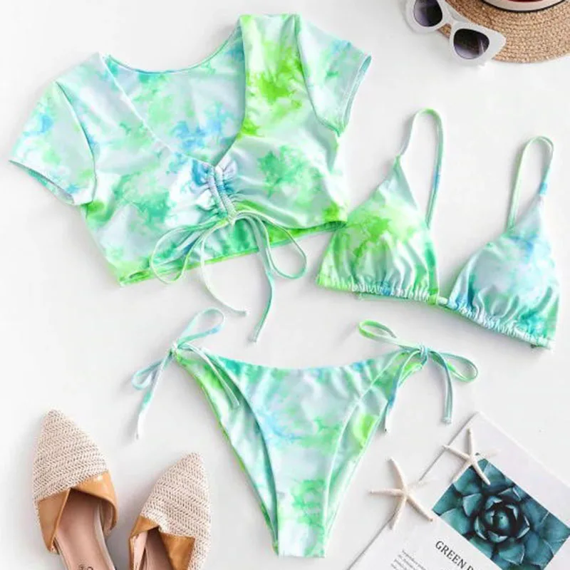 Sexy Thong Swimsuit 3 Pieces Tie Dye Bikini Women Swimwear Halter Swimming Suit String Bathing Suit 2020 Pink Bikini Beach Wear