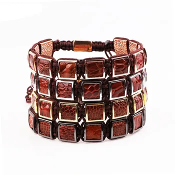 New Classic Brown Leather Brass Square Handcraft Braided Beaded Macrame Bracelet Men Jewelry
