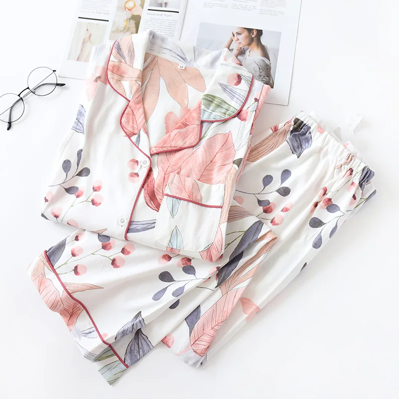 

New Autumn Postpartum Lactation Clothes Knitted Womens Long Sleeves Pajamas Pure Cotton Maternal Nightwear Broadleaf Sleepwear