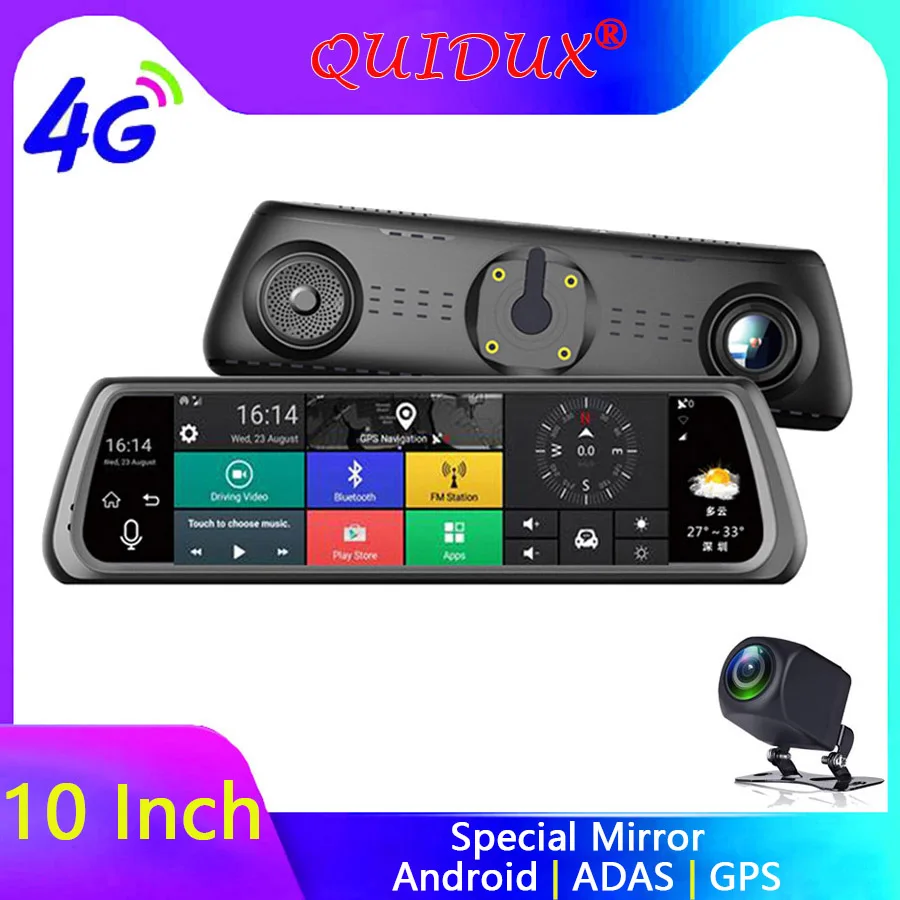

QUIDUX 4G Android 10" IPS Rearview Mirror Video Recorder FHD 1080P Car DVR Camera GPS Nav Maps Night Vision WiFi ADAS Dash Cam