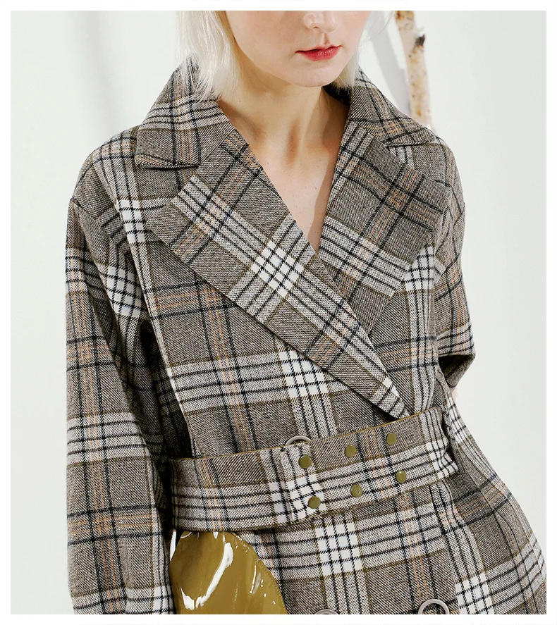 GETSPRING Women Trench Coat Patchwork Plaid Trench Coat Women Vintage Long Woolen Overcoat Autumn Winter Overcoat Women 2020