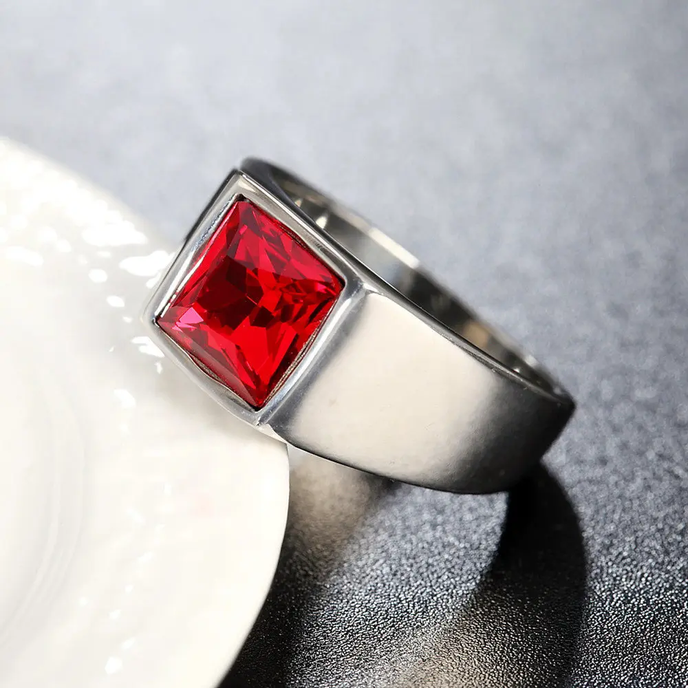 

Luxury Square Color Big Crystal Finger Rings Titanium Steel Simple Casting Rings For Man Party Gifts