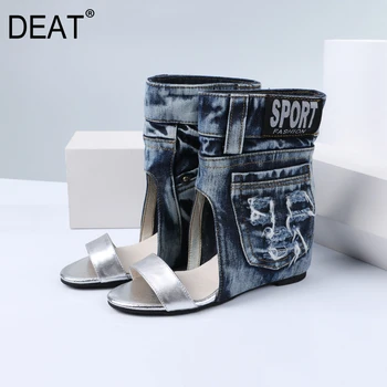 

[DEAT] 2020 Round Toe Denim Hit Colors Zipper Single Western Style Women Wedges Cool Boots New Spring Summer Fashion Tide 10H818