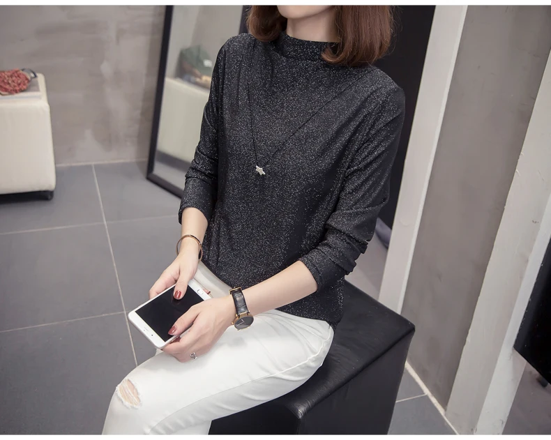 Plus Size Bright Silk Tops Tee Shirts Women 2020 Autumn Trendy Turtleneck Long Sleeve Office Lady Basic T-shirts Oversize Tshirt